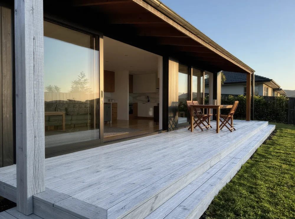 The same deck before, with old silver grey weathered timber